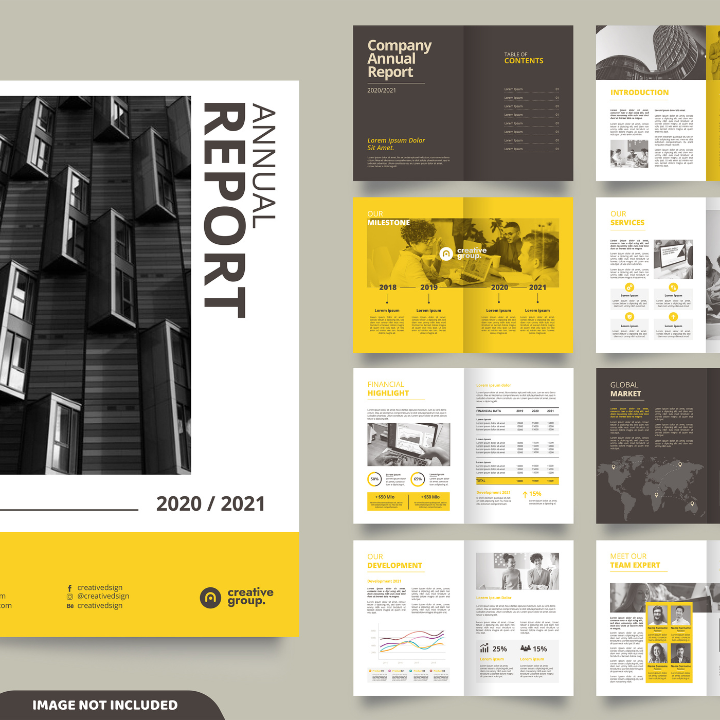 Annual report template with black and white photo and yellow accents.