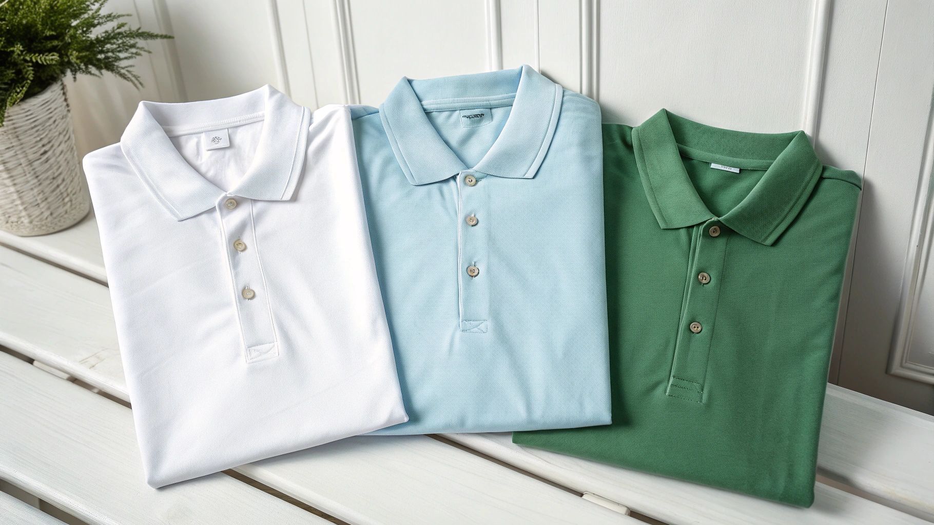 Three folded polo shirts: white, blue, and green on a white wooden surface, with a plant in the background.