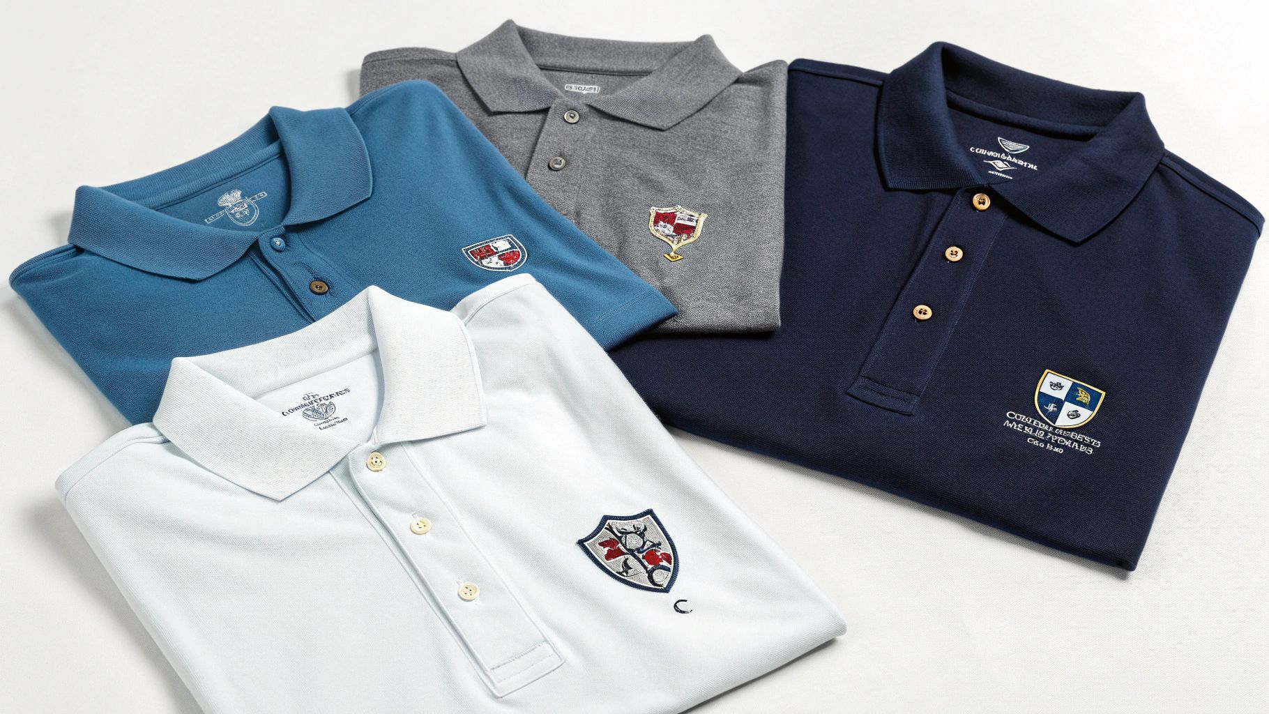 Four polo shirts in blue, gray, white, and navy, with a crest logo on the chest.