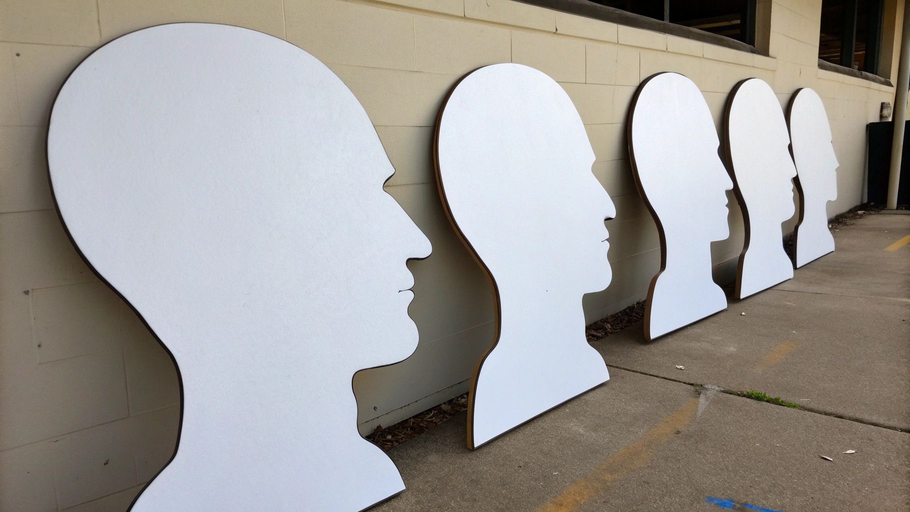 White head-shaped cutouts leaning against a wall, arranged in a line, outdoors.