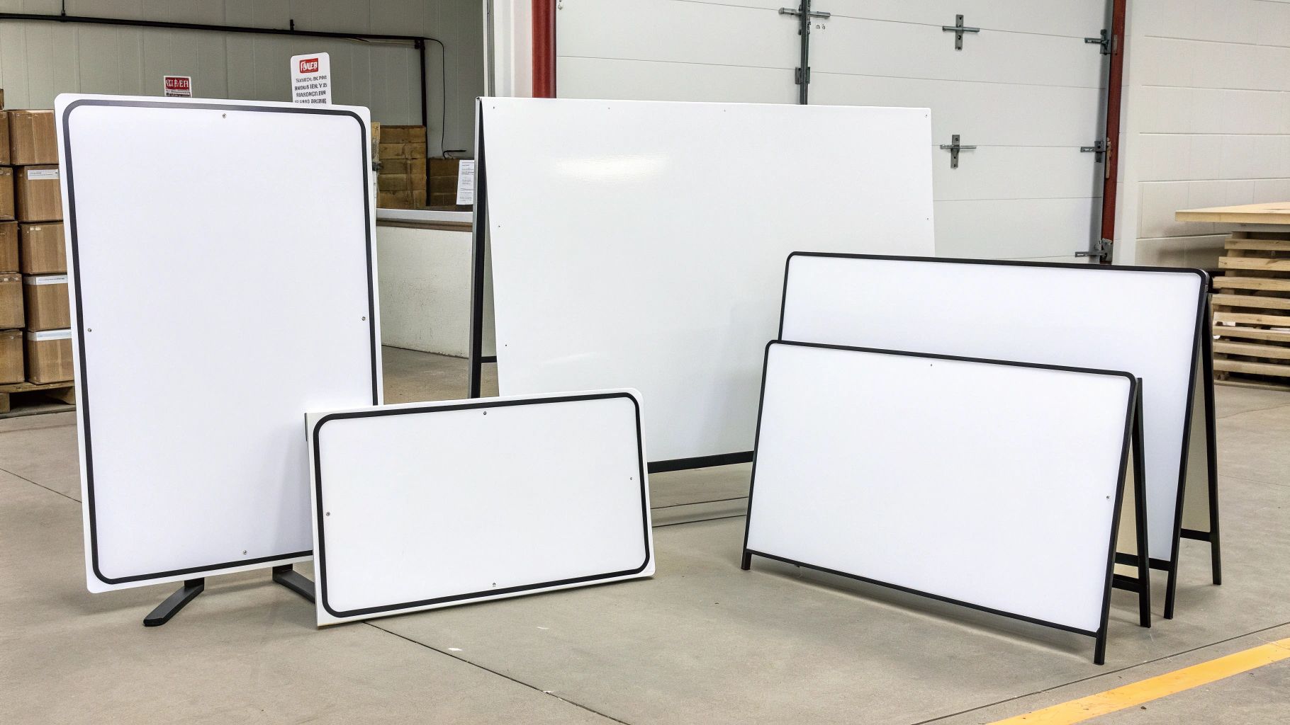 Whiteboards of various sizes with black frames in a warehouse setting.