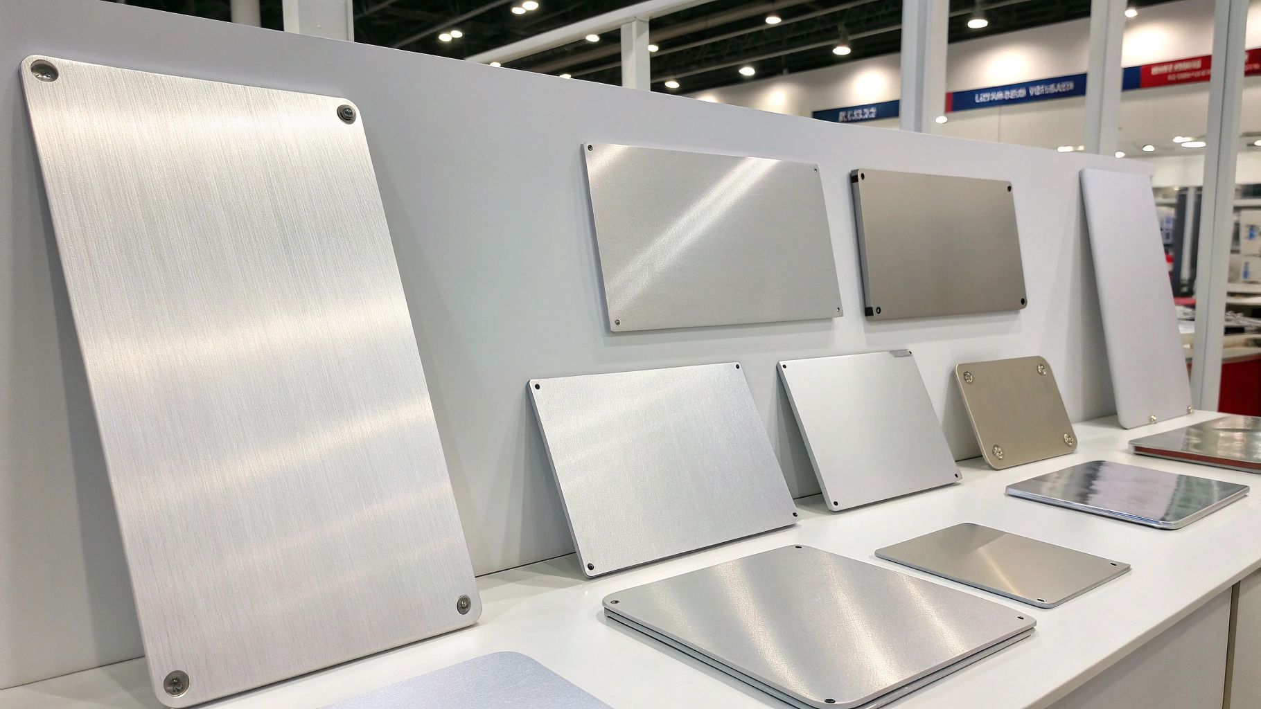 Metal panels of various sizes and finishes on display at a trade show.