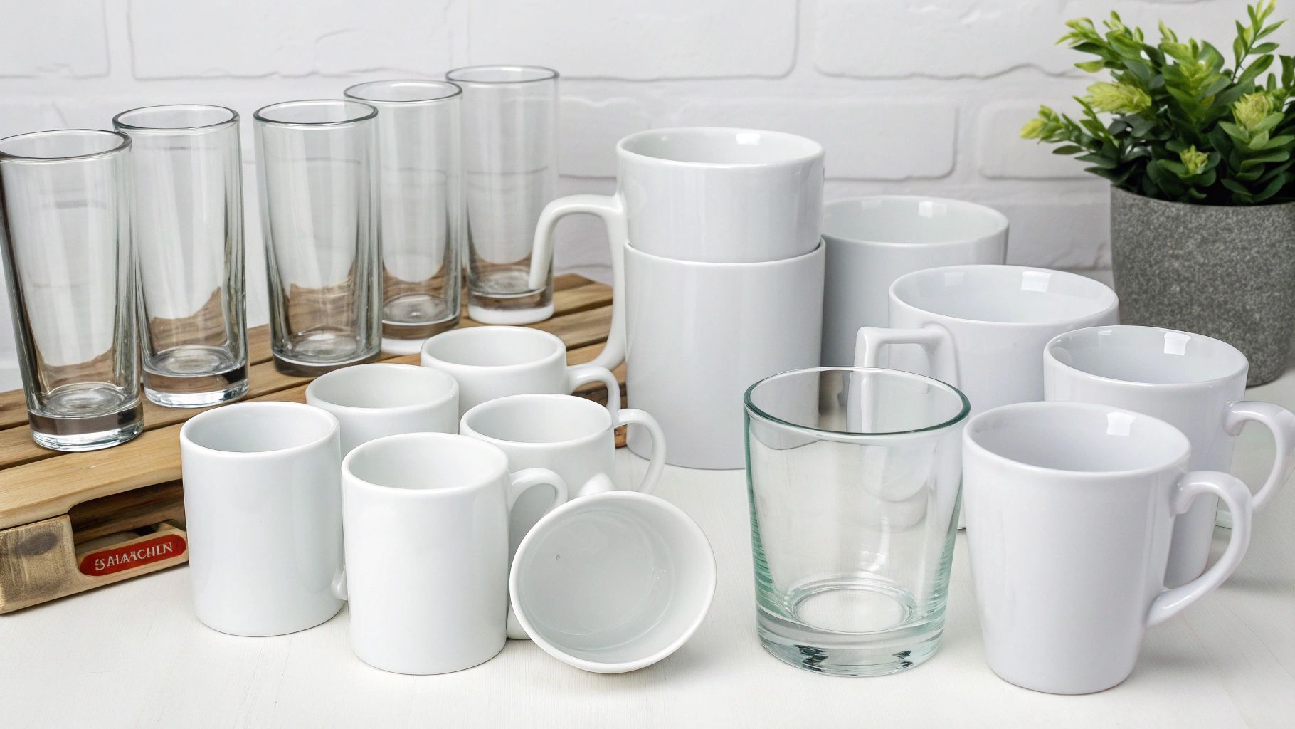 Collection of glass tumblers and white ceramic mugs arranged on a table, next to a small plant.