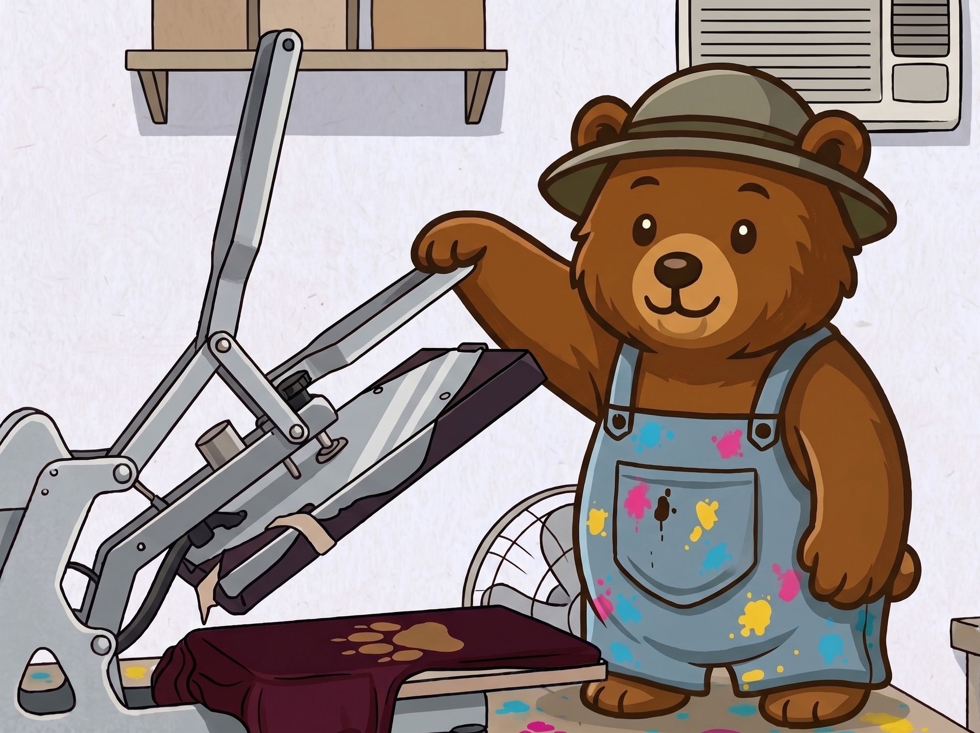Teddy bear in paint-splattered overalls beside a tipped-over chair and spilled paint in a room