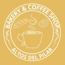 Logotipo de panadería y cafetería con pan, donut, café y el texto
