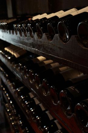 Botellas de vino almacenadas en un estante de madera, mostrando un ambiente de bodega oscura.