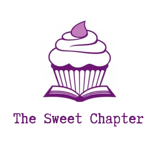Paarse cupcake op een open boek; tekst 