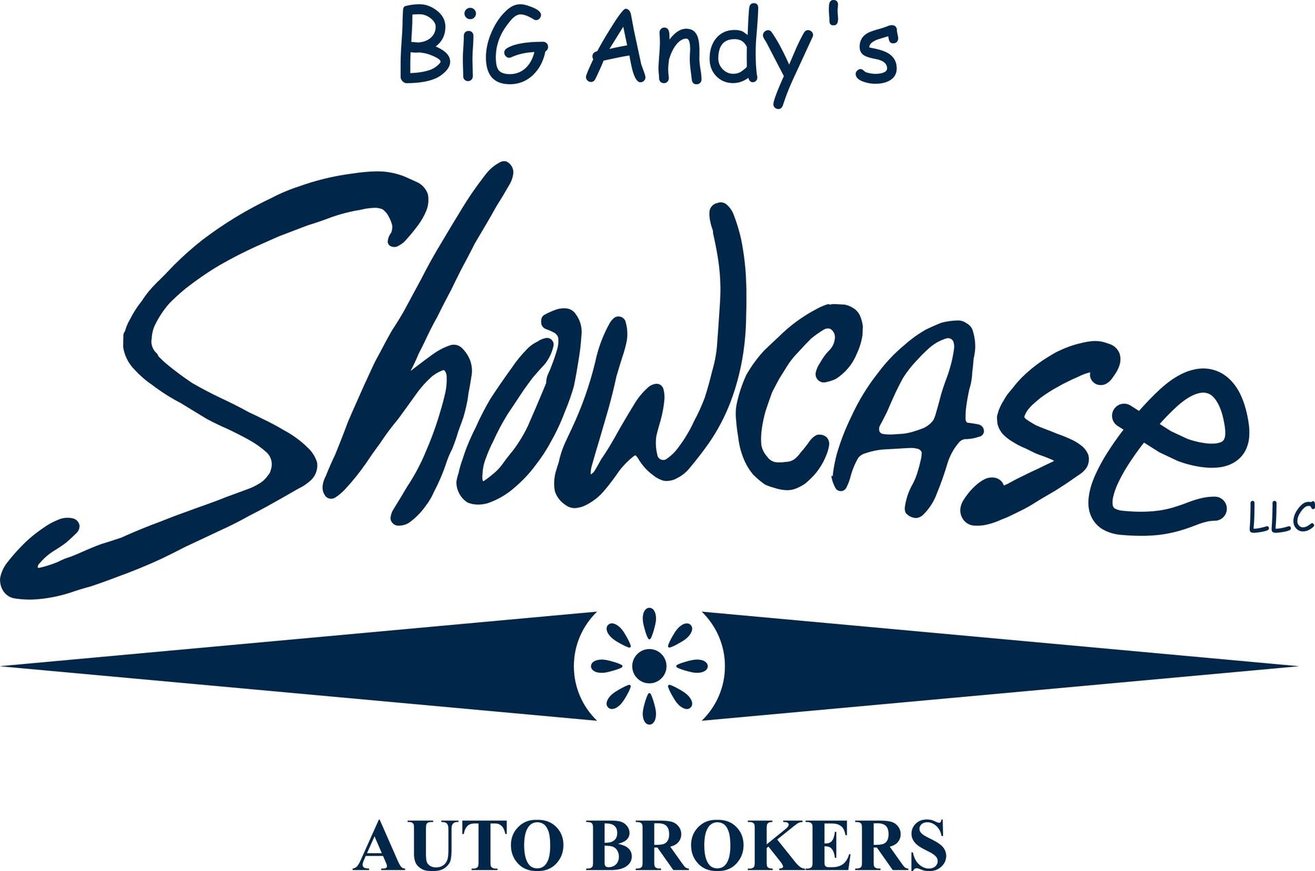 BiG Andy’s Showcase LLC auto brokers logo in navy blue and white