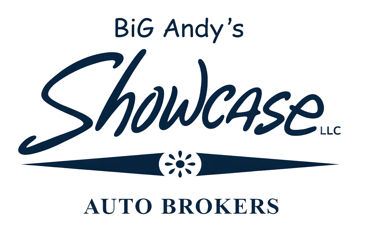 BiG Andy&rsquo;s Showcase LLC Auto Brokers logo in navy blue and white