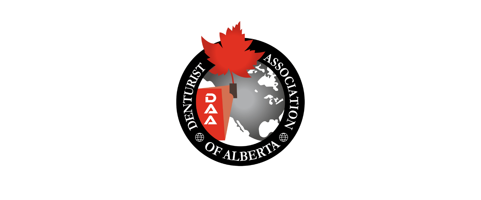 Logo of the Denturist Association of Alberta featuring a red maple leaf over a globe.