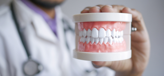 A person holding a model of teeth, wearing a white lab coat with a stethoscope.
