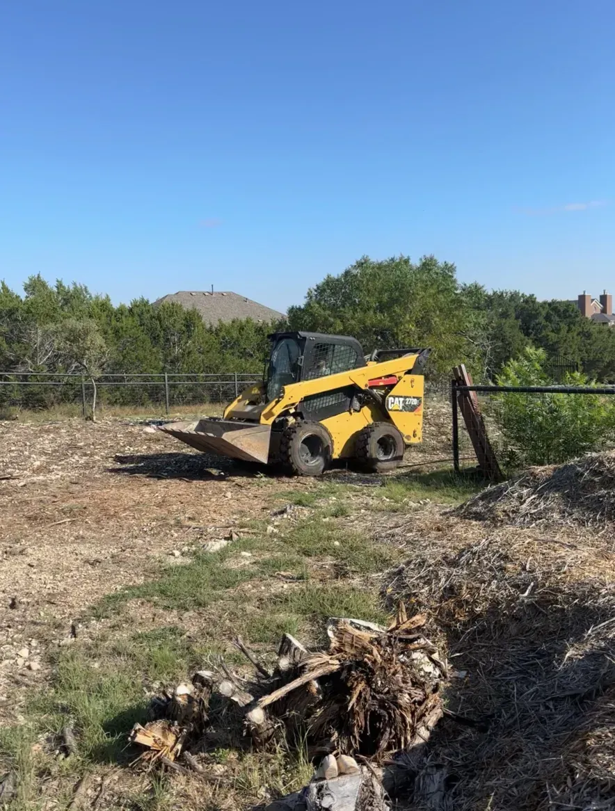 Yellow skid steer loader in a cleared field on a sunny day.