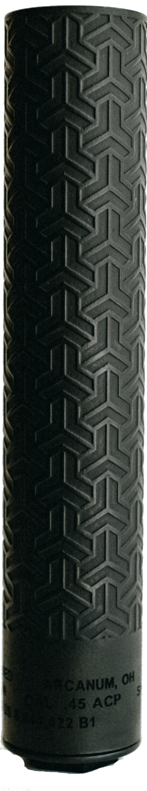 A close up of a black cylinder with a tire pattern on it on a white background.