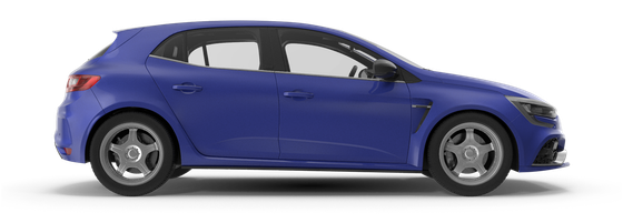 A blue hatchback car is shown from the side on a white background.