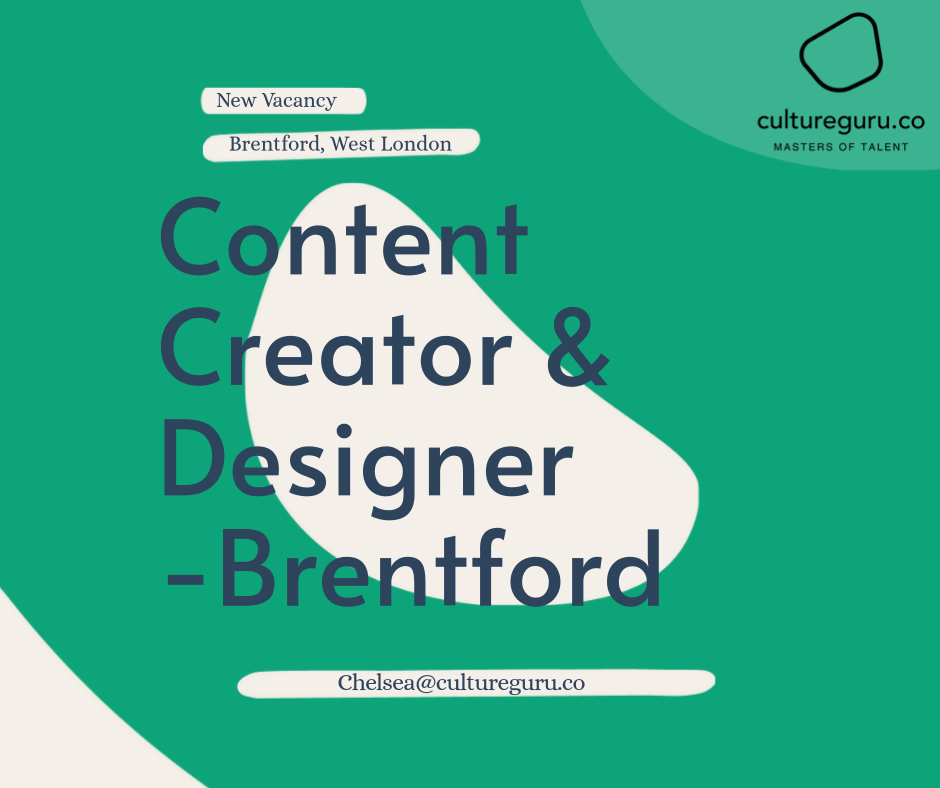 Job ad for Content Creator & Designer in Brentford, London, on green background with white shape.
