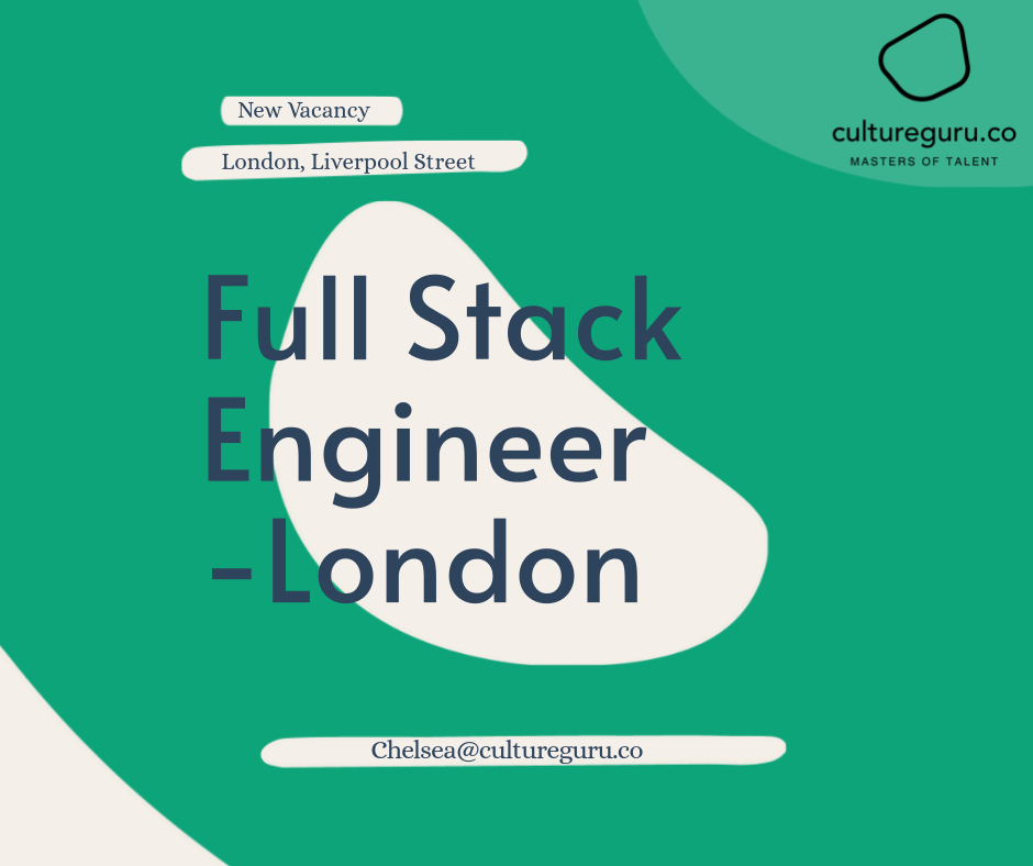 Job advertisement for a Full Stack Engineer in London, with a teal and cream color scheme.