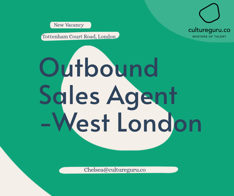 Job posting: Outbound Sales Agent position in West London. Green and white design, text on a blue background.