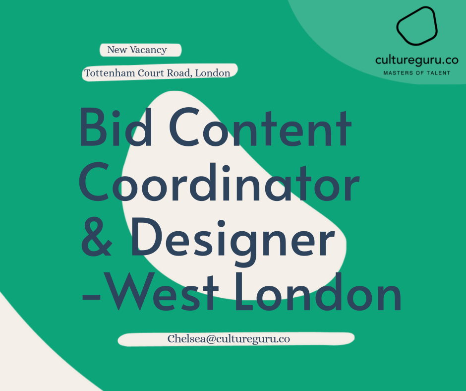 Job posting: Bid Content Coordinator & Designer in West London. Green background with white bubble and contact info.