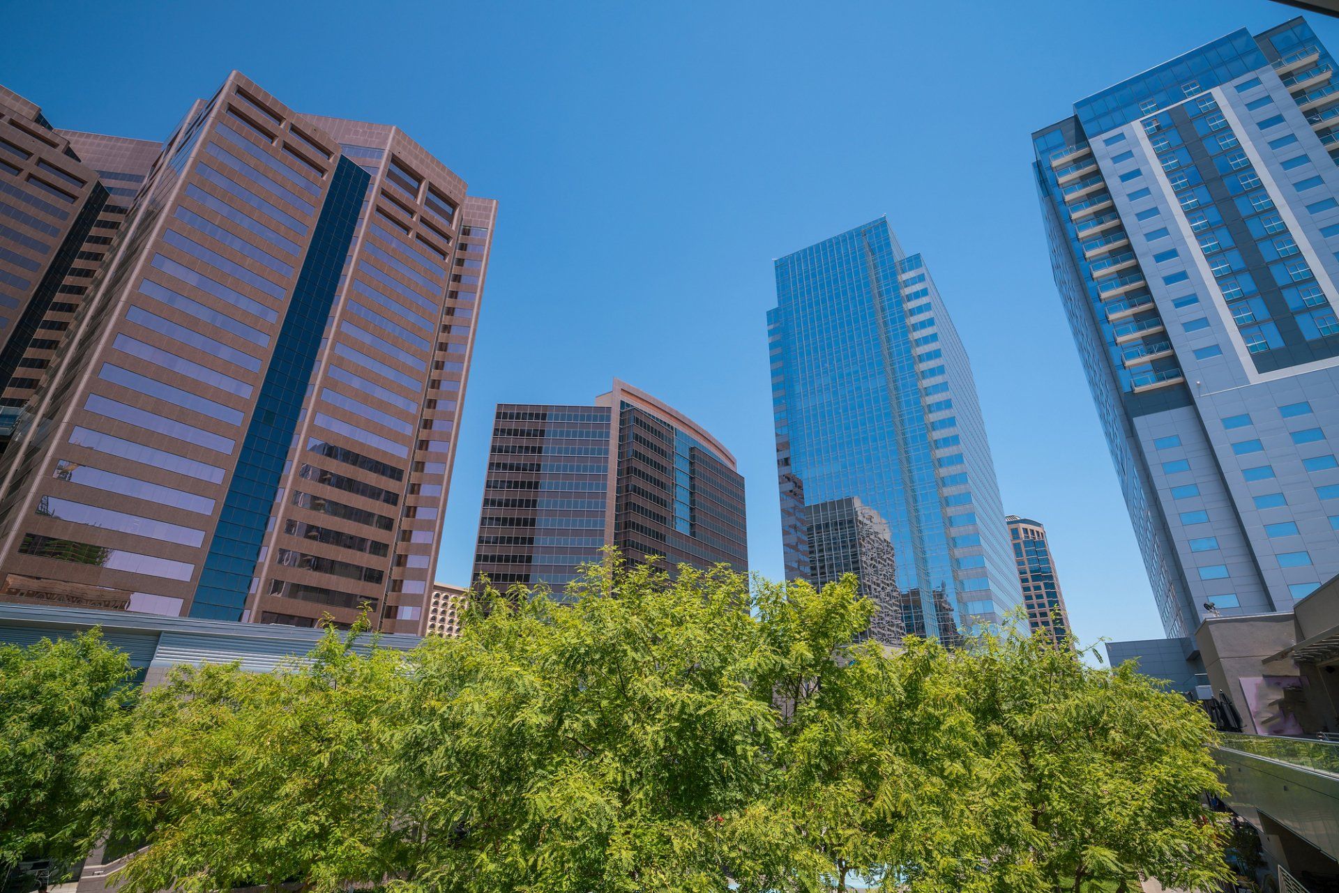 Picture looking up at the downtown Phoenix skyline