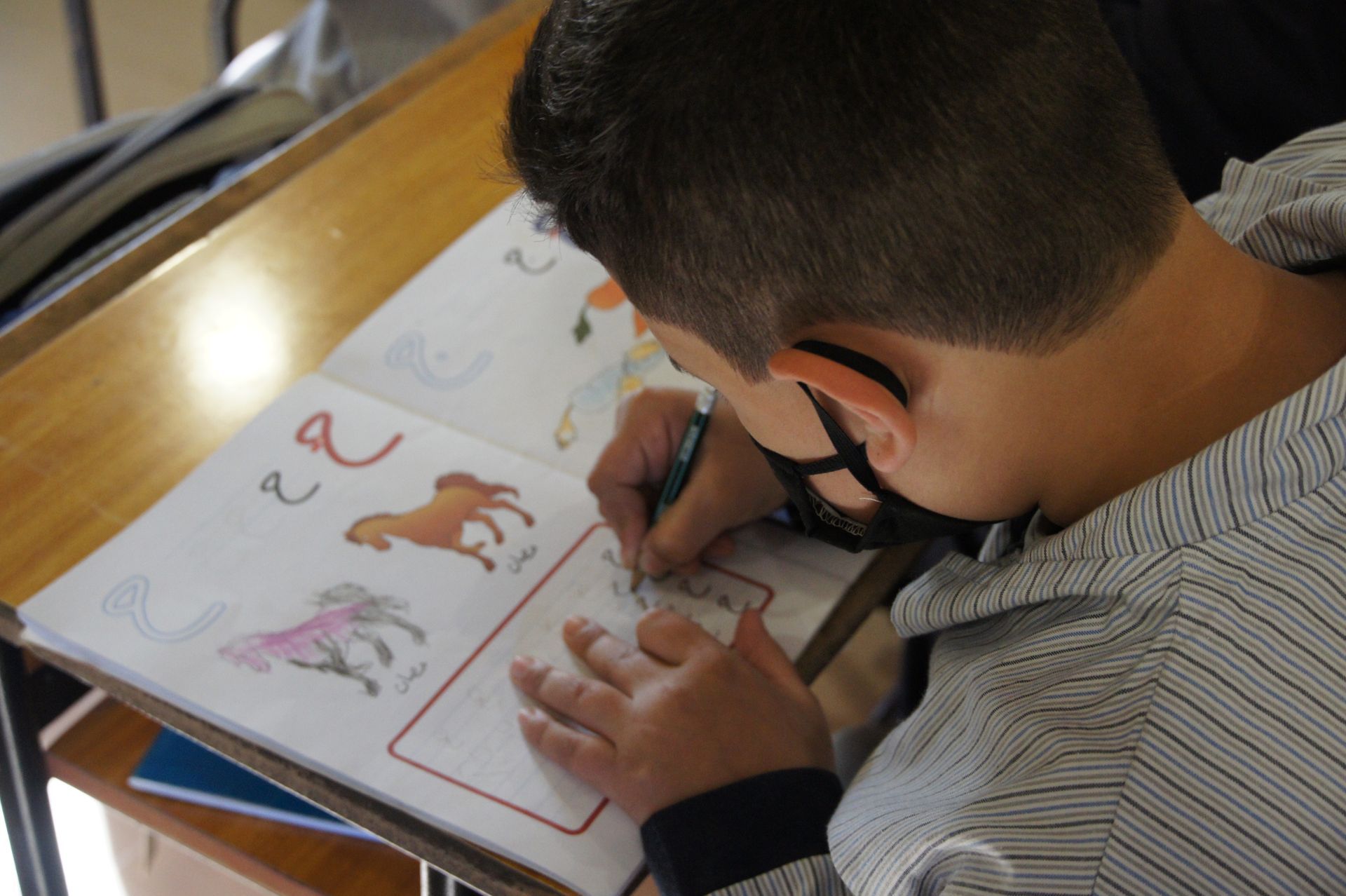 A person wearing a face covering draws in a book with horse illustrations.
