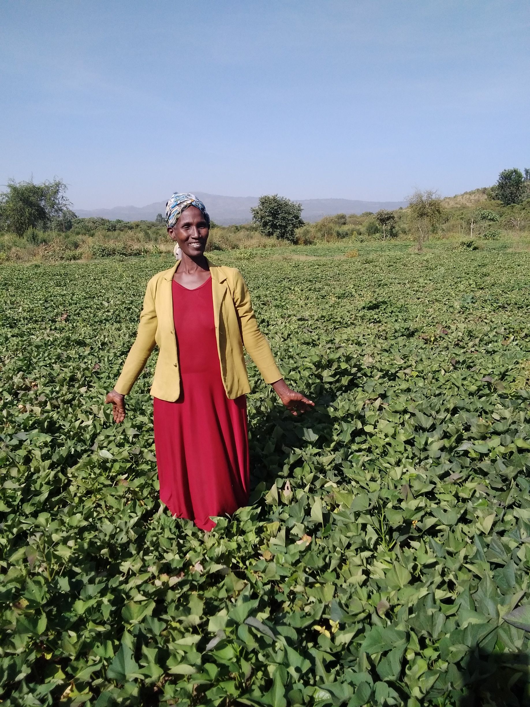 Woman in red dress and yellow jacket stands in a field of green plants, arms outstretched.