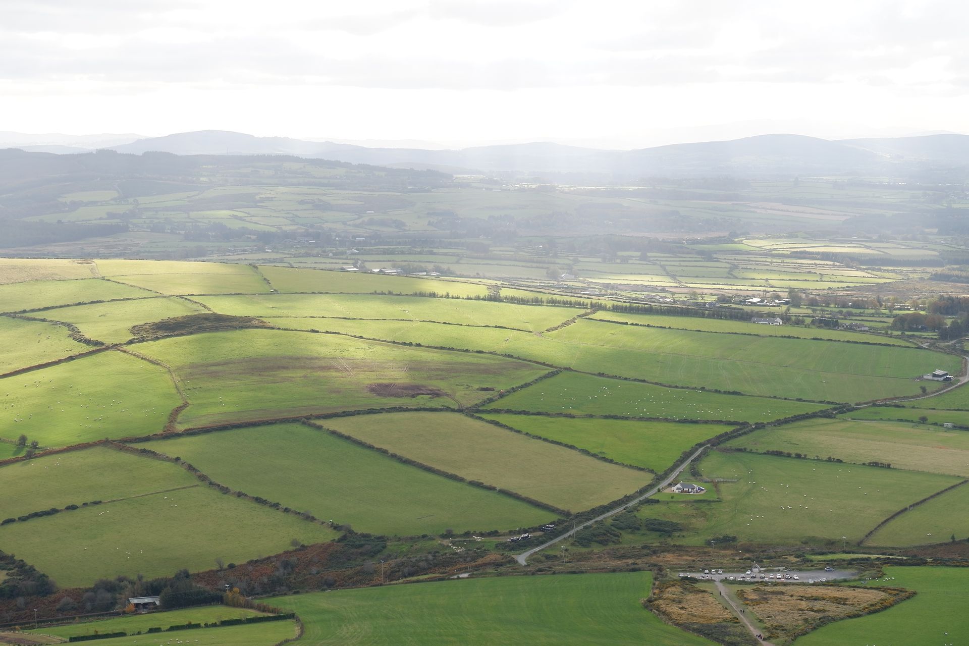 Aerial view of green fields divided by hedgerows, with distant mountains under a cloudy sky.