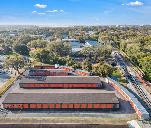 Black and orange self storage units.