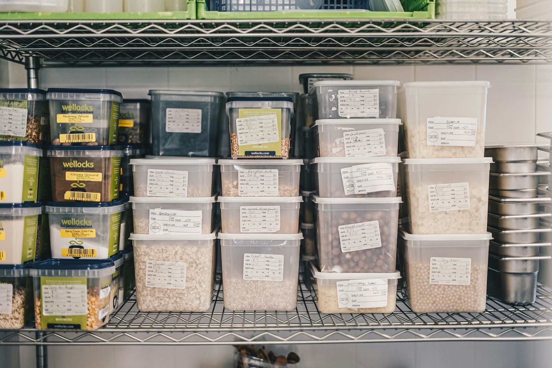Labeled storage bins on shelves