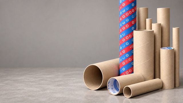 Tubos de cartón y rollos de papel surtidos apilados sobre una superficie gris, incluyendo un rollo con estampado rojo.