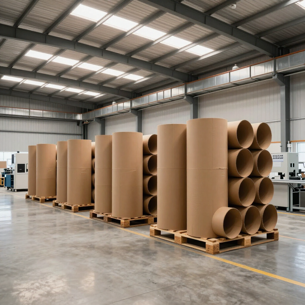 Pilas de grandes rollos de cartón marrón sobre palés dentro de un almacén con suelo de hormigón.
