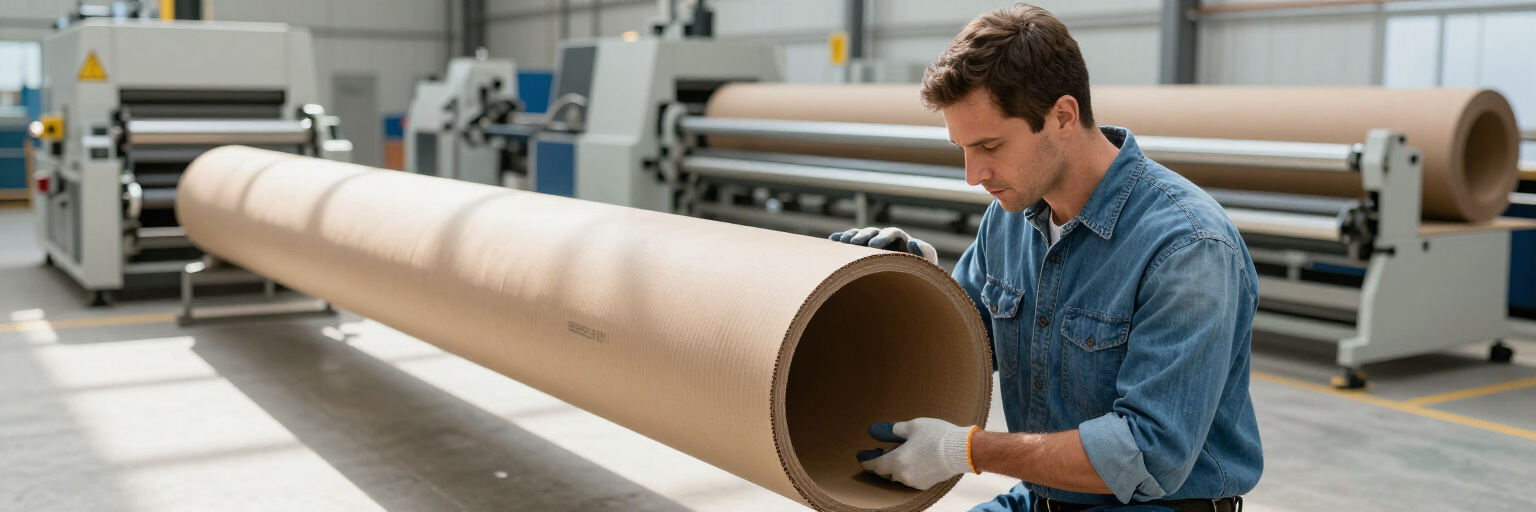 Un trabajador inspecciona un tubo de cartón grande en una fábrica con rollos de papel y maquinaria detrás.