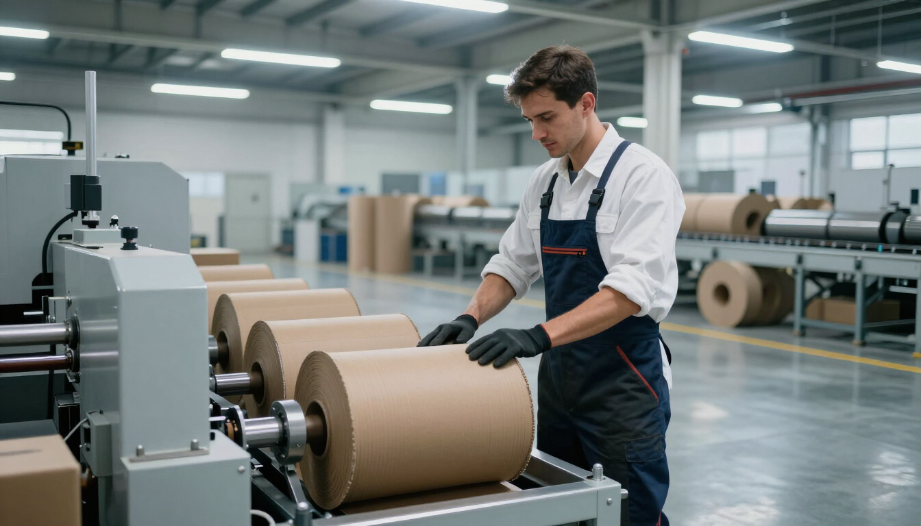 Obrero en una fábrica manipulando grandes rollos de papel marrón en una línea de producción.