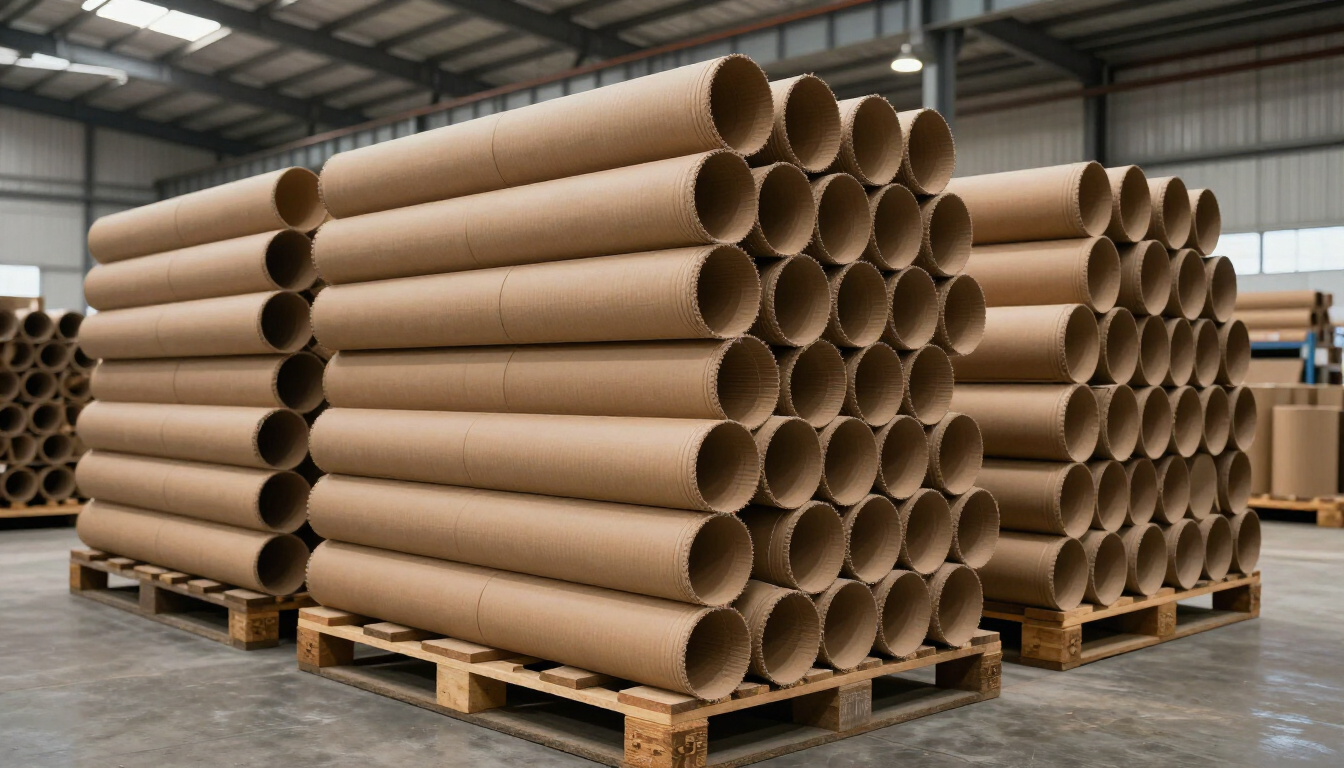 Pilas de grandes tubos de cartón marrón sobre palés de madera en un almacén.
