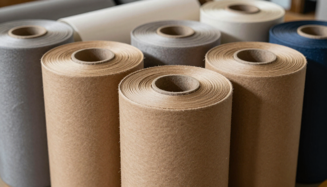 Rollos de tela texturizada beige y blanca apilados ordenadamente en un estante.