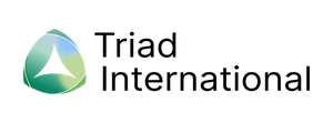 A triad international logo with a green triangle on a white background.