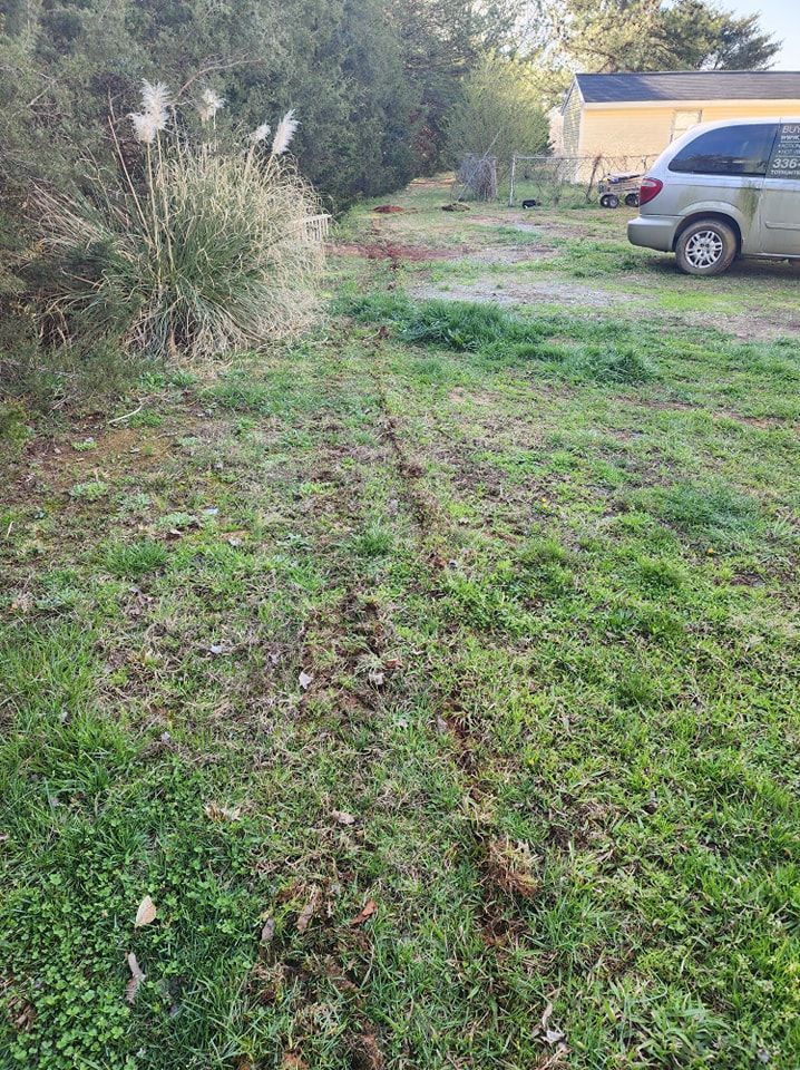 Grassy dirt path beside bushes and a parked car near a yellow building