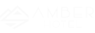 Faint white Amber Hotel logo and text on a light background