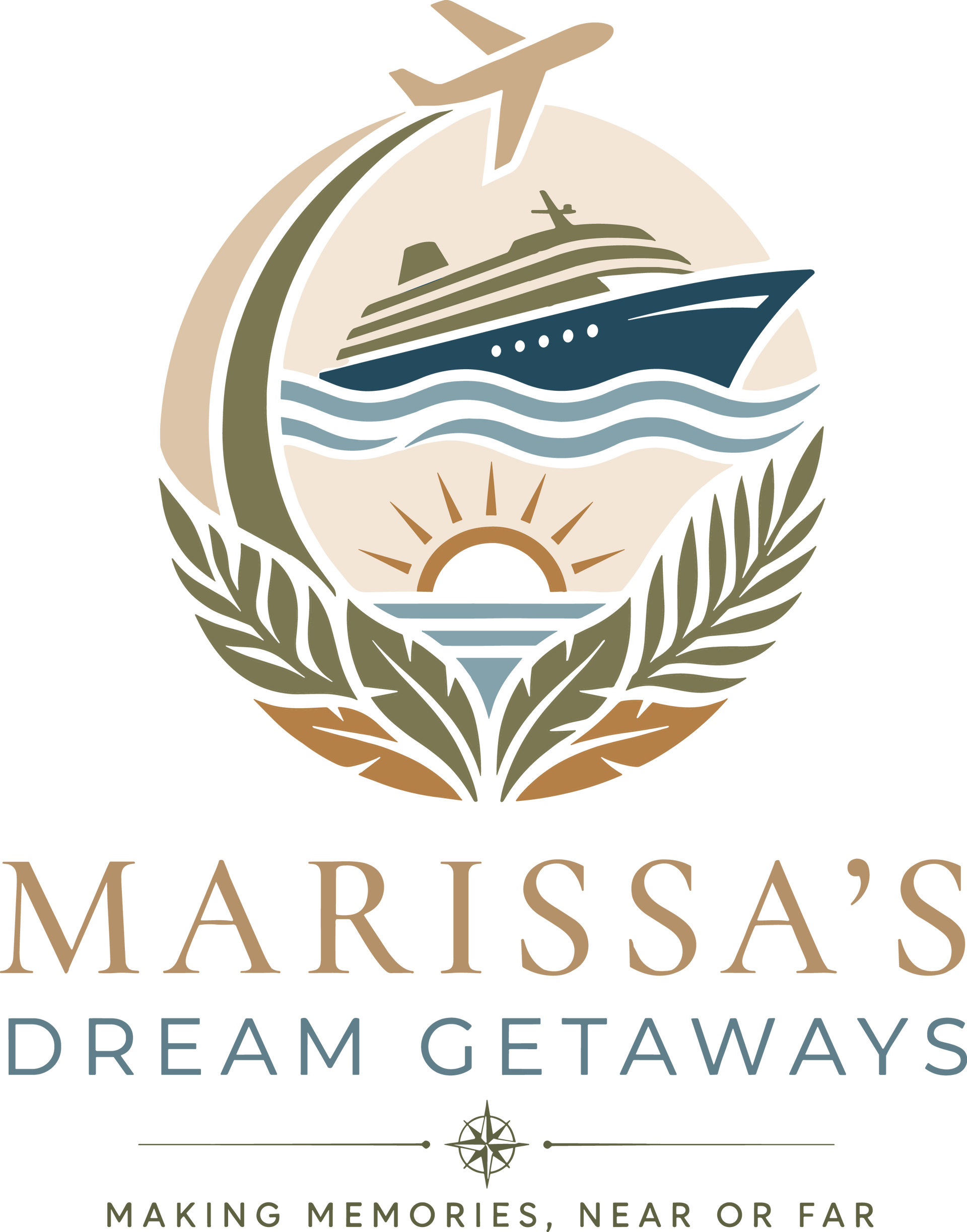 Marissa’s Dream Getaways logo with cruise ship, airplane, palm leaves, and sun over waves