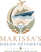 Marissa’s Dream Getaways logo with cruise ship, airplane, sun, and laurel wreath in beige and blue