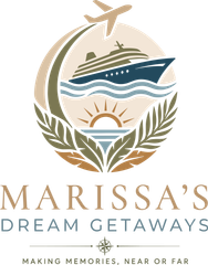 Marissa’s Dream Getaways logo with cruise ship, airplane, palm leaves, and sun over waves