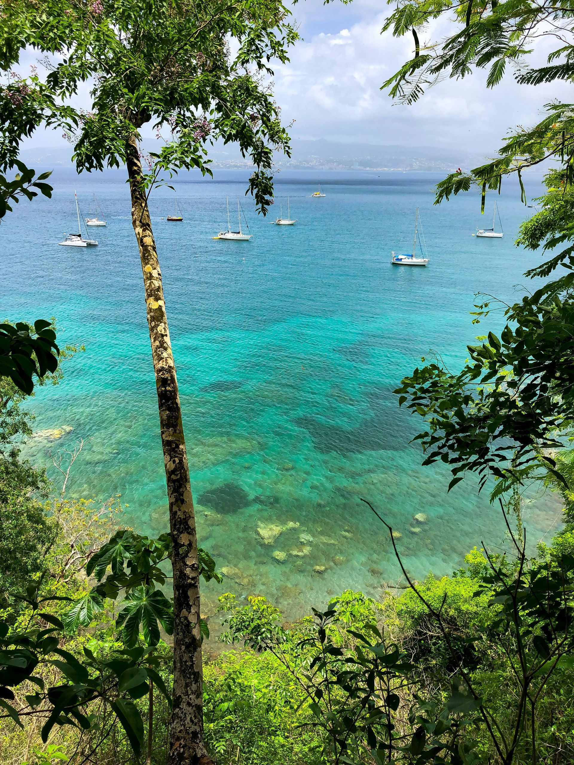 Tropical bay with turquoise water, sailboats, and lush green shoreline under a cloudy sky