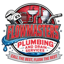 Flowmasters Plumbing and Drain Services logo with pipes, wrench, and bold red text