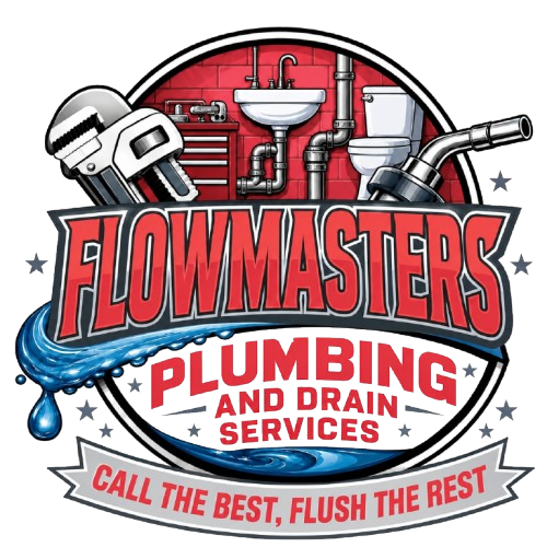 Flowmasters Plumbing and Drain Services logo with pipes, wrench, and bold red text