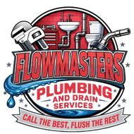Flowmasters Plumbing and Drain Services logo with pipes, wrench, and bold red text