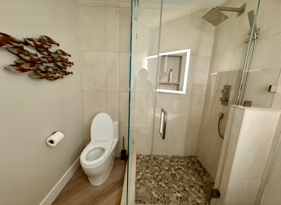 A bathroom with a toilet and a walk in shower.
