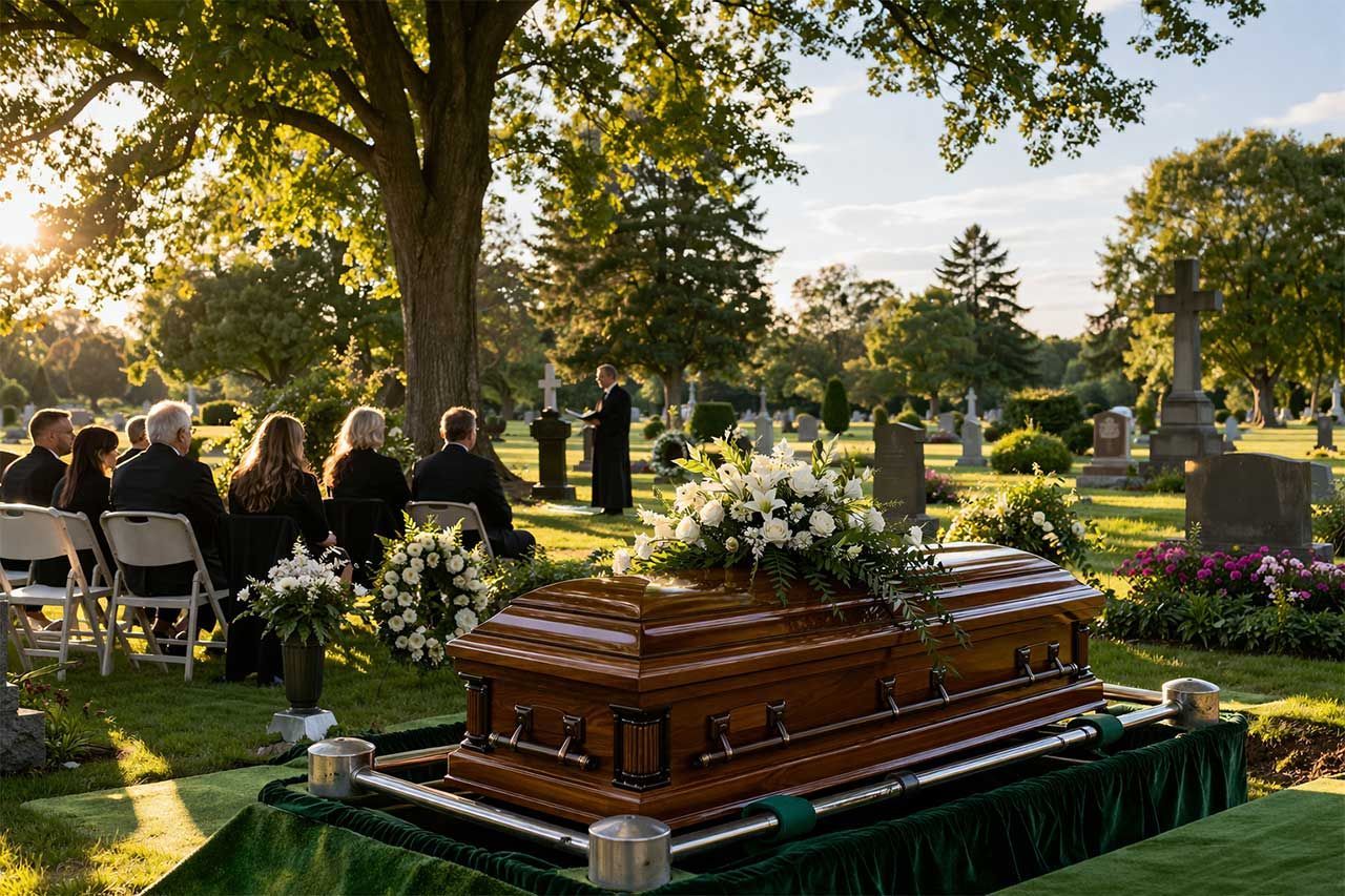 Burial Service at A Peaceful Cemetery With Casket, Floral Arrangements, And Family Gathering Under Sunlit Trees