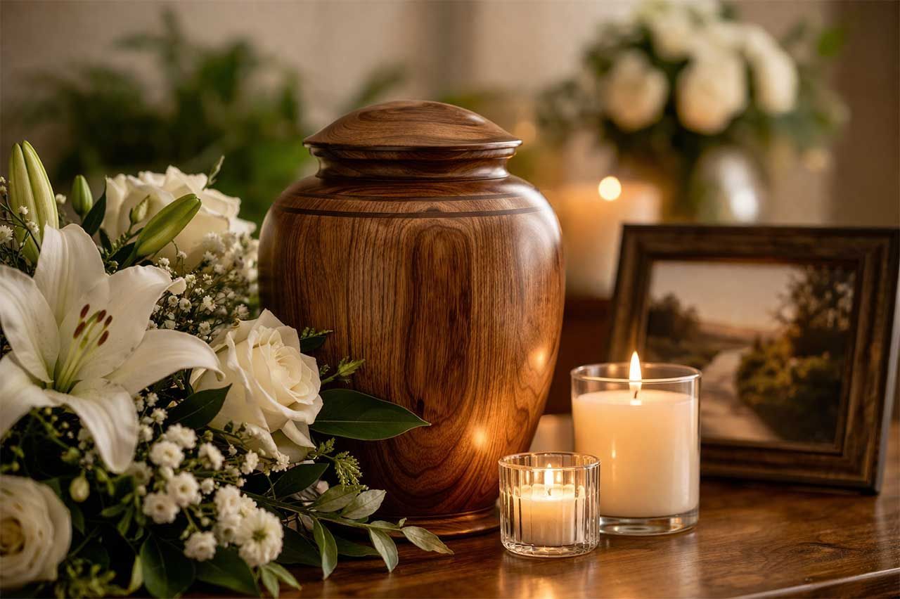 Wood Urn With Flowers And Lit Candles On Table Creating A Peaceful Memorial Setting