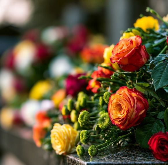 Lit candle beside colorful flowers symbolizes remembrance in Cedarburg, WI setting.