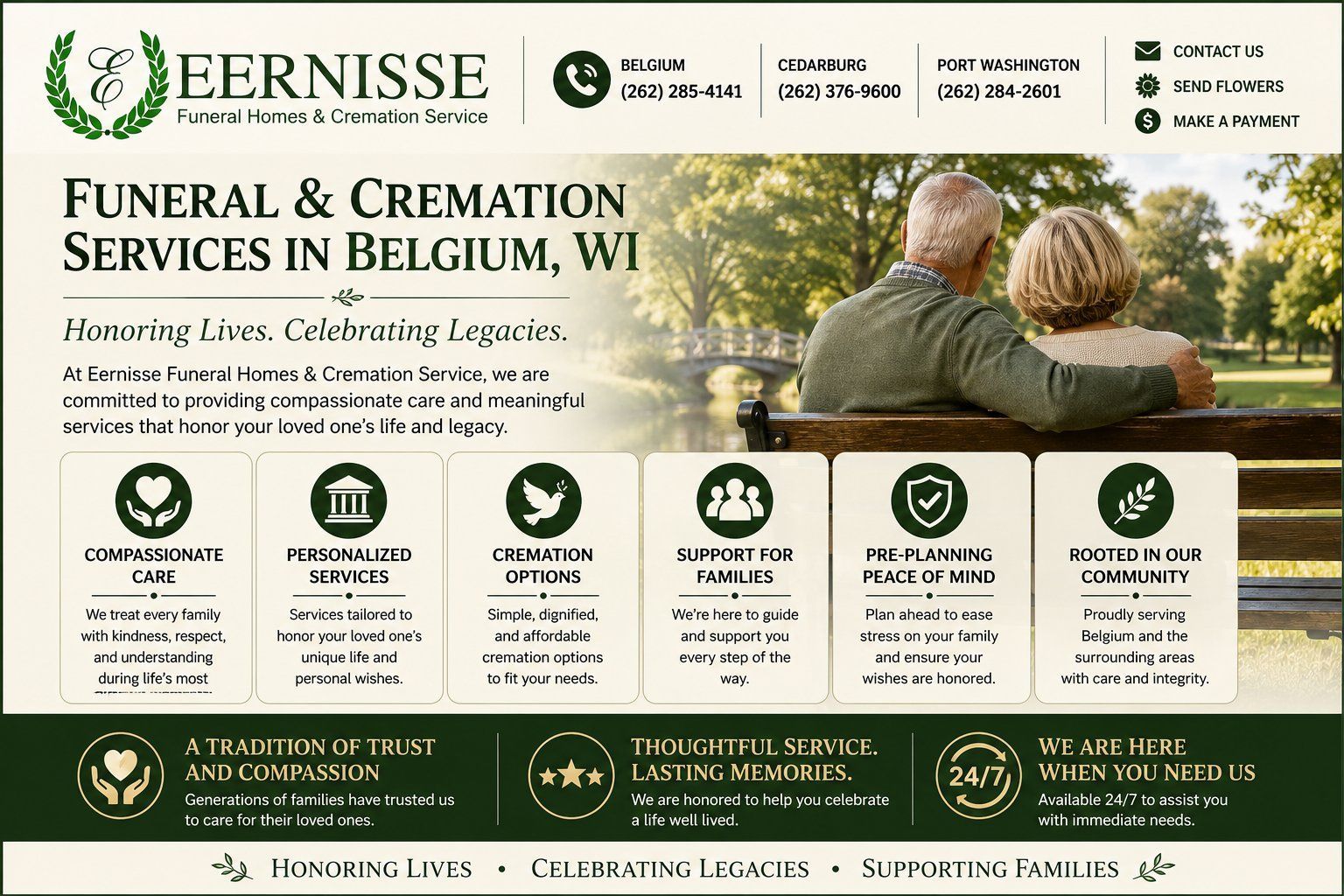 Eernisse Funeral Homes & Cremation Service infographic highlighting funeral home and cremations in Belgium, WI with compassionate care and planning support.