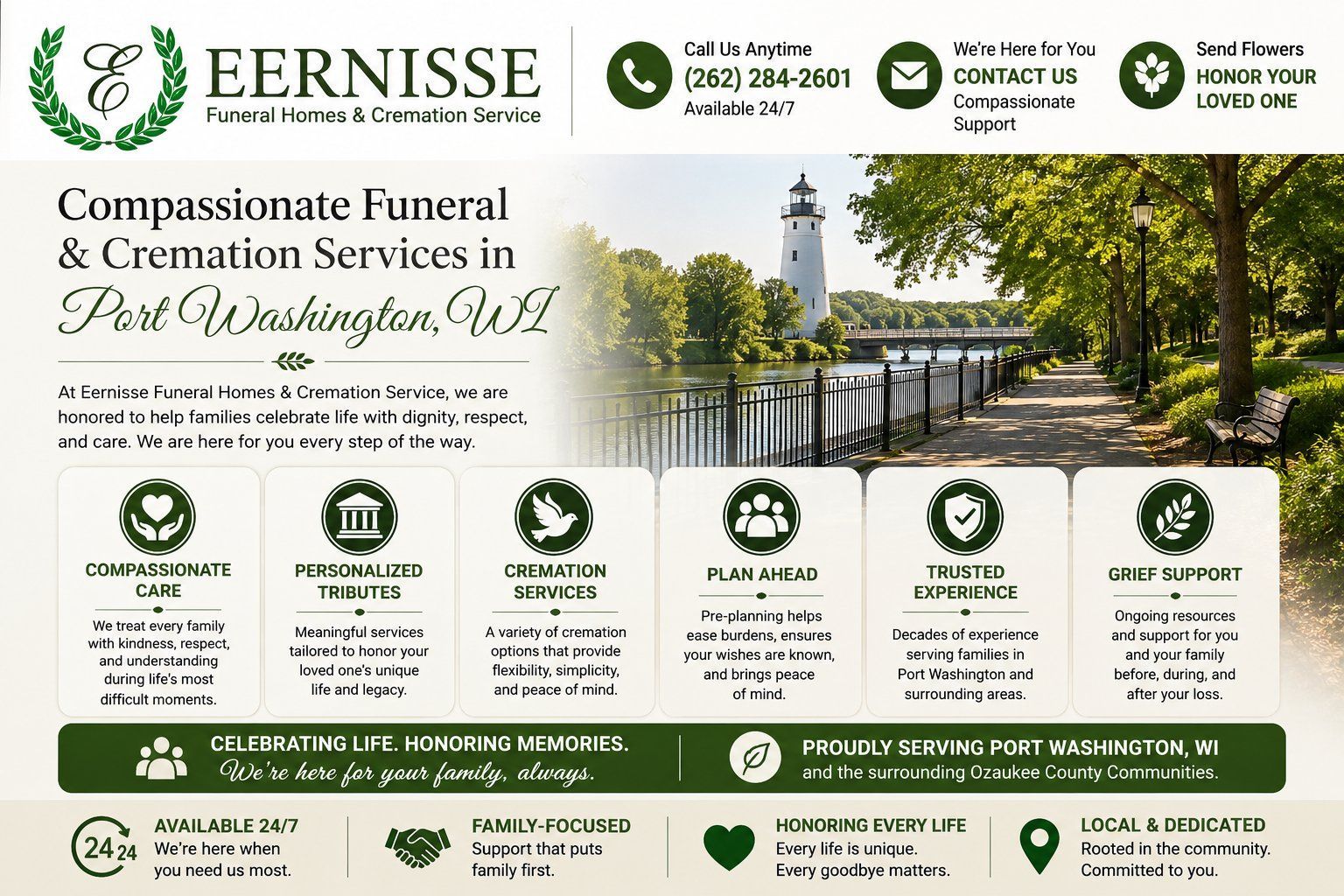 Eernisse Funeral Homes & Cremation Service infographic highlighting funeral and cremation services in Port Washington, WI with compassionate guidance.